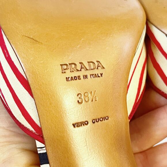 Vintage Prada Red Navy Cream Striped Bow Square Toe Slide Mules Heels IT 38.5 - Picture 11 of 11